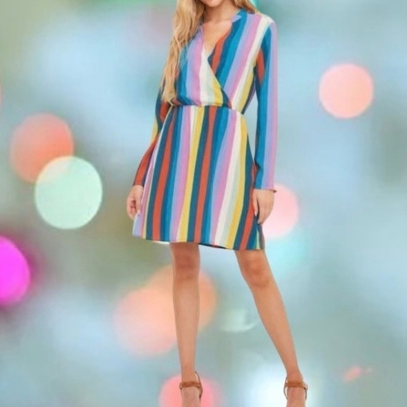 All In Favor Long Sleeve Multicolor Striped V neck Mini Dress - Picture 2 of 4